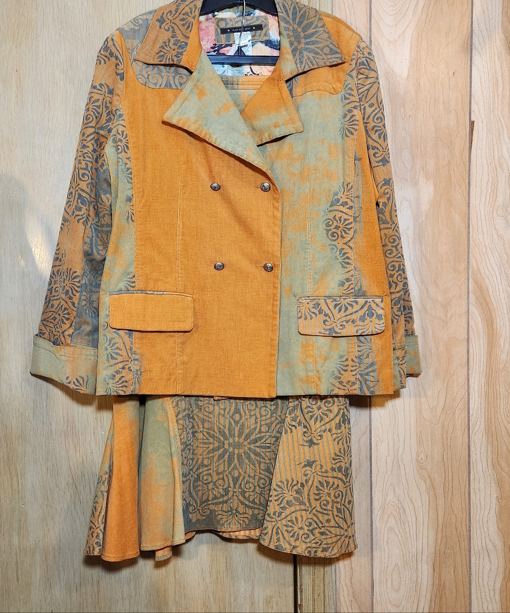 Vtg 90s Alan Weiz Sport 2pc Jacket & Skirt Set Womens 24 Corduroy Orange Green